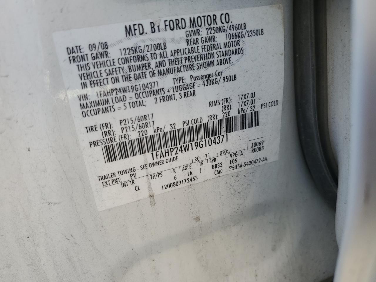 1FAHP24W19G104371 2009 Ford Taurus Sel