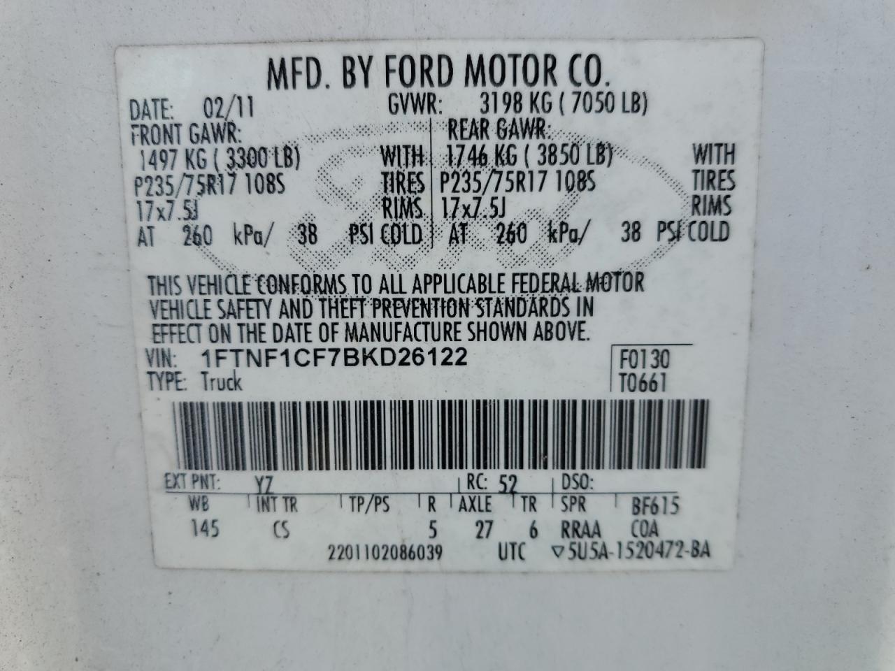 1FTNF1CF7BKD26122 2011 Ford F150