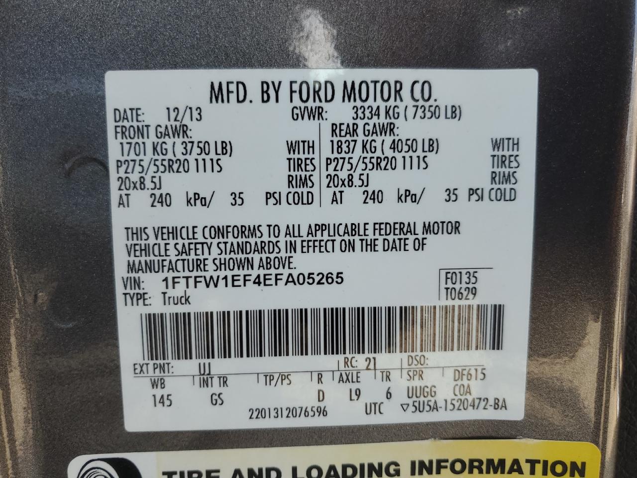 VIN 1FTFW1EF4EFA05265 2014 FORD F-150 no.12