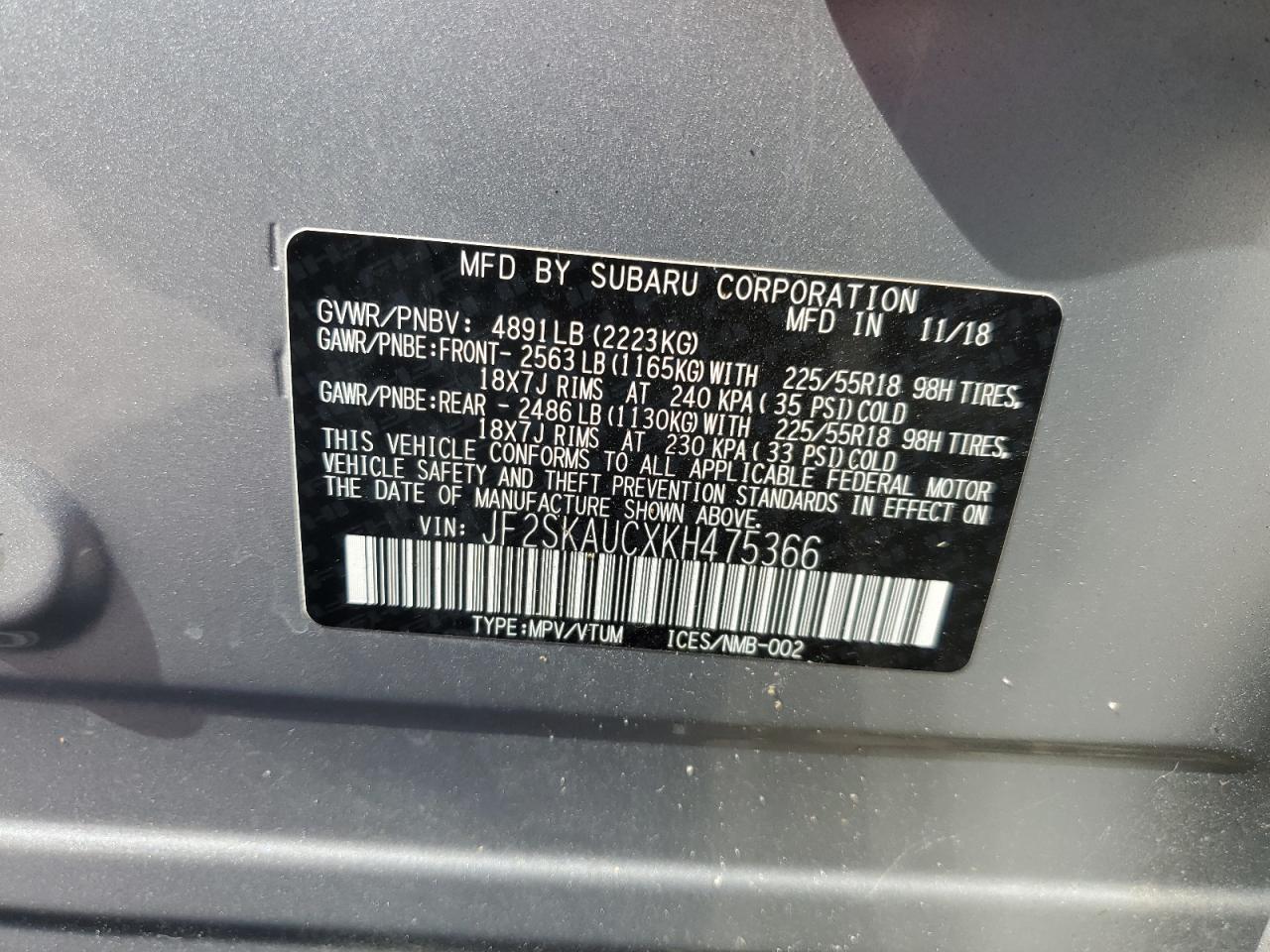 JF2SKAUCXKH475366 2019 Subaru Forester Limited