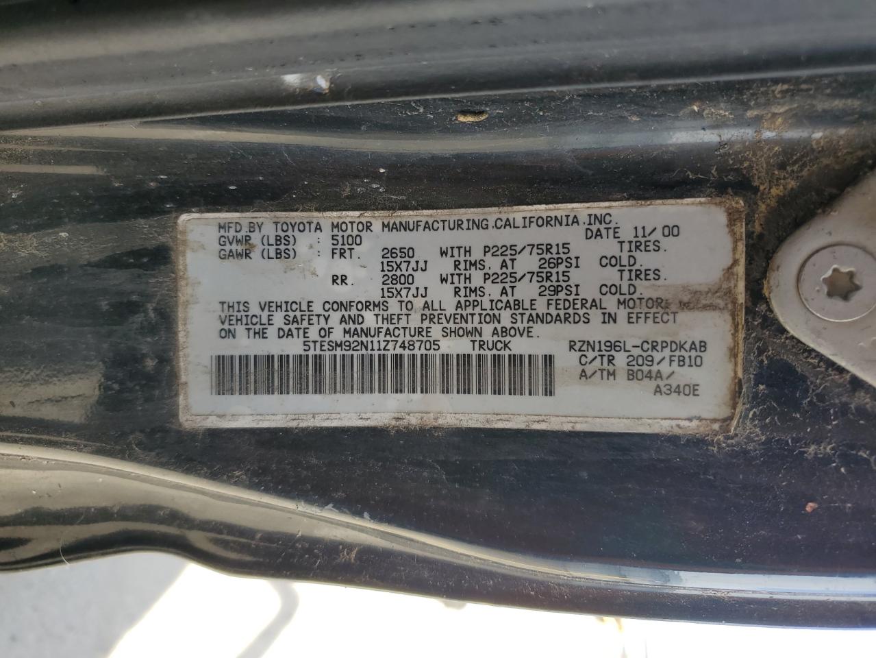 2001 Toyota Tacoma Xtracab Prerunner VIN: 5TESM92N11Z748705 Lot: 77493484