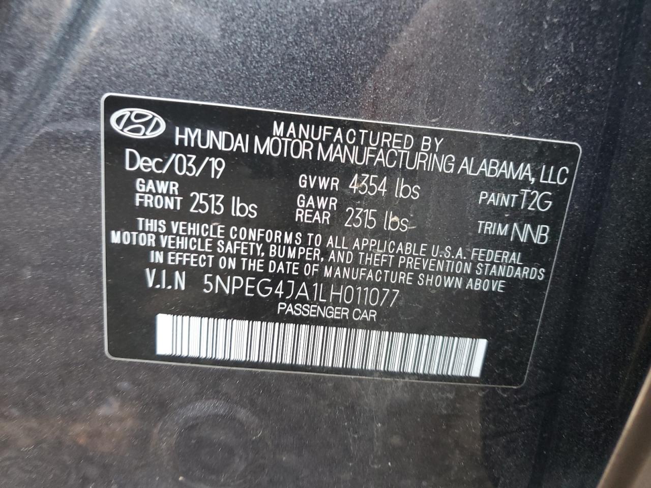 5NPEG4JA1LH011077 2020 Hyundai Sonata Se