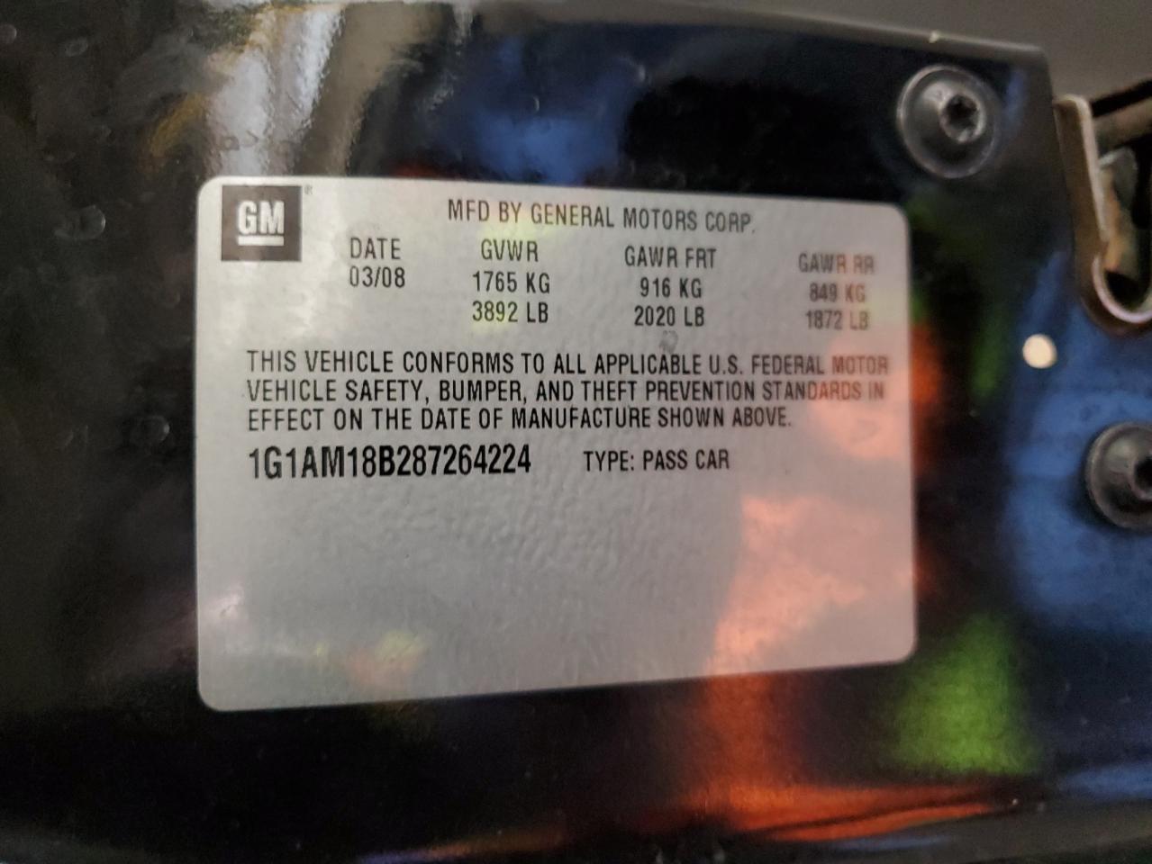 2008 Chevrolet Cobalt Sport VIN: 1G1AM18B287264224 Lot: 76750474