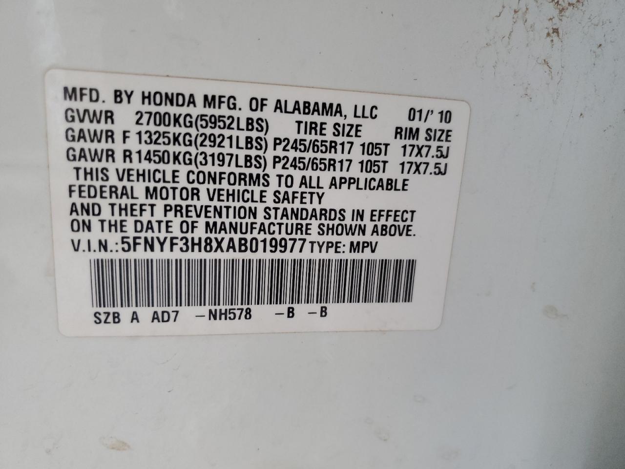 2010 Honda Pilot Touring VIN: 5FNYF3H8XAB019977 Lot: 75955974