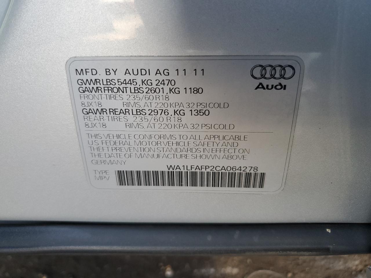 2012 Audi Q5 Premium Plus VIN: WA1LFAFP2CA064278 Lot: 73949714