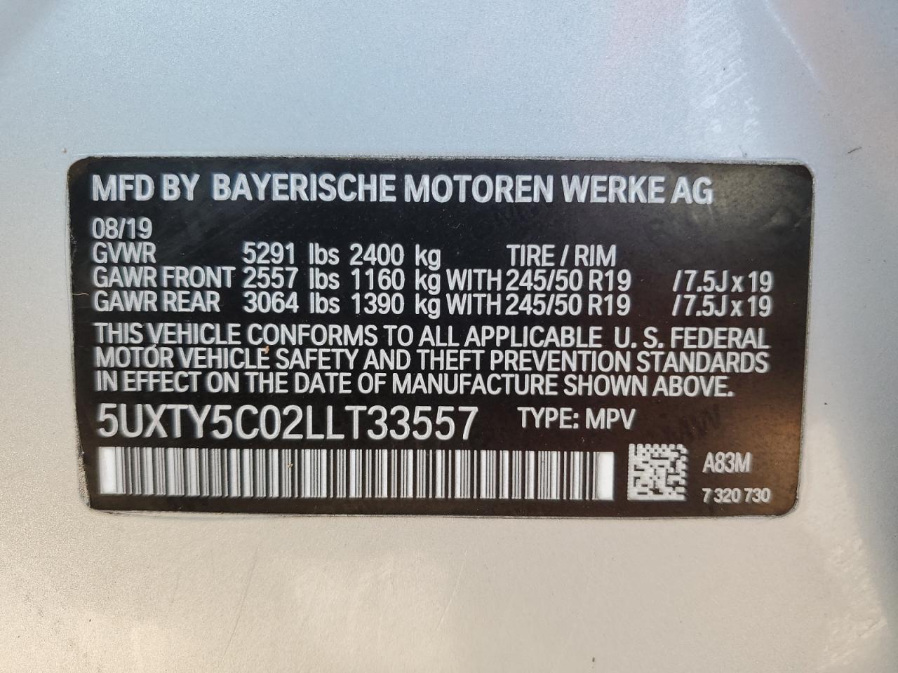 2020 BMW X3 xDrive30I VIN: 5UXTY5C02LLT33557 Lot: 76778674