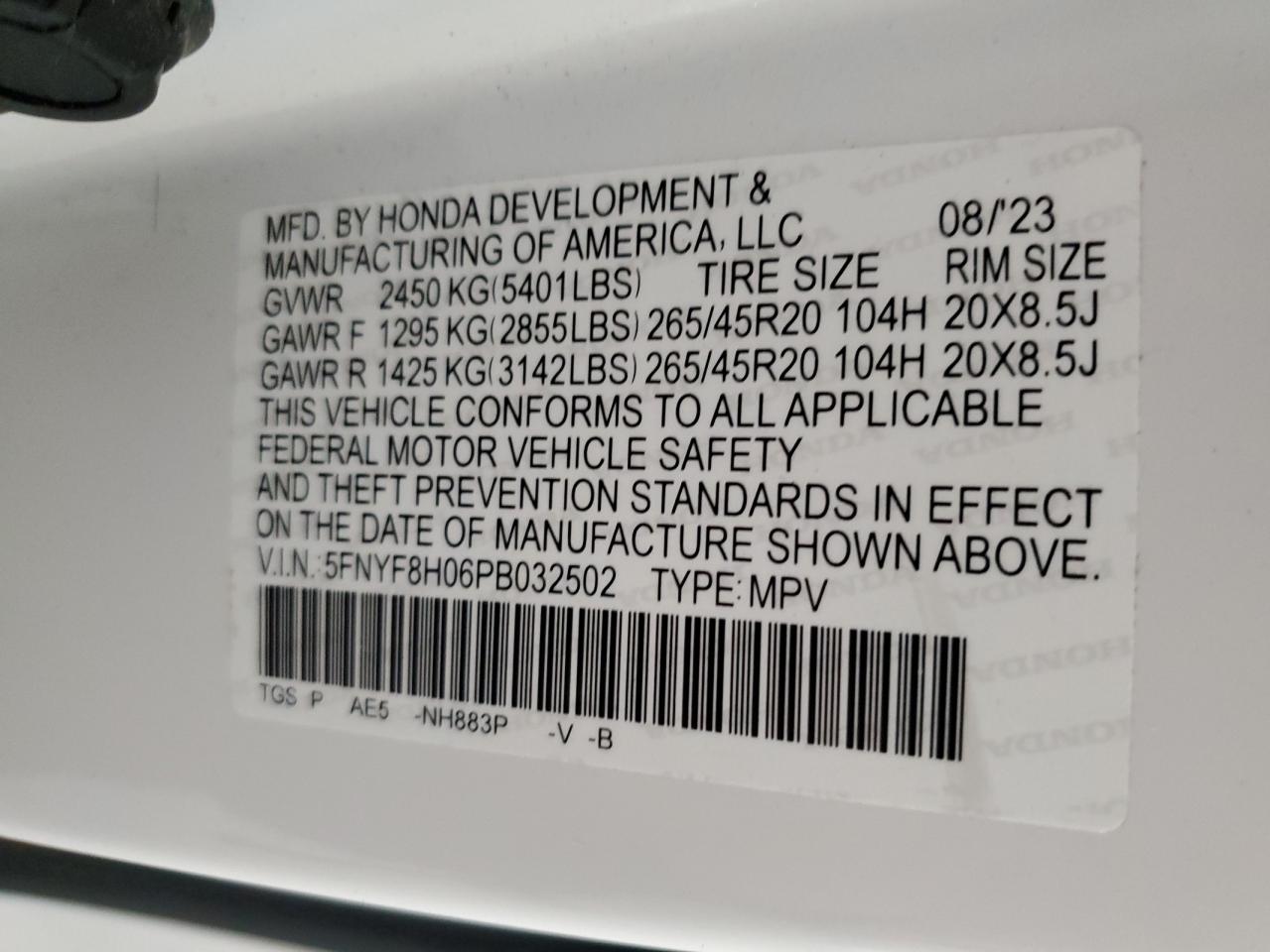 2023 Honda Passport Elite VIN: 5FNYF8H06PB032502 Lot: 75814814