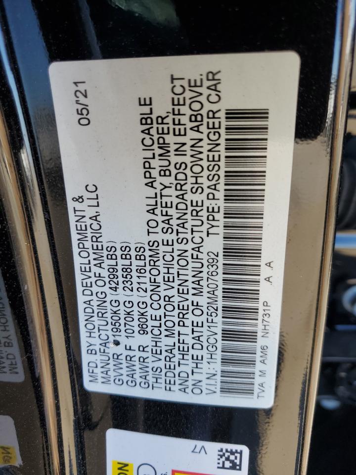 2021 Honda Accord Exl VIN: 1HGCV1F52MA076392 Lot: 77245484