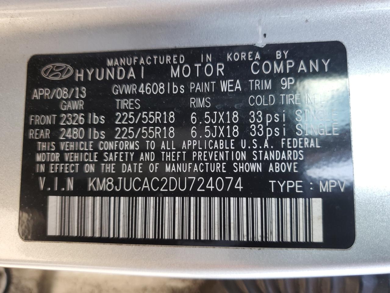 KM8JUCAC2DU724074 2013 Hyundai Tucson Gls