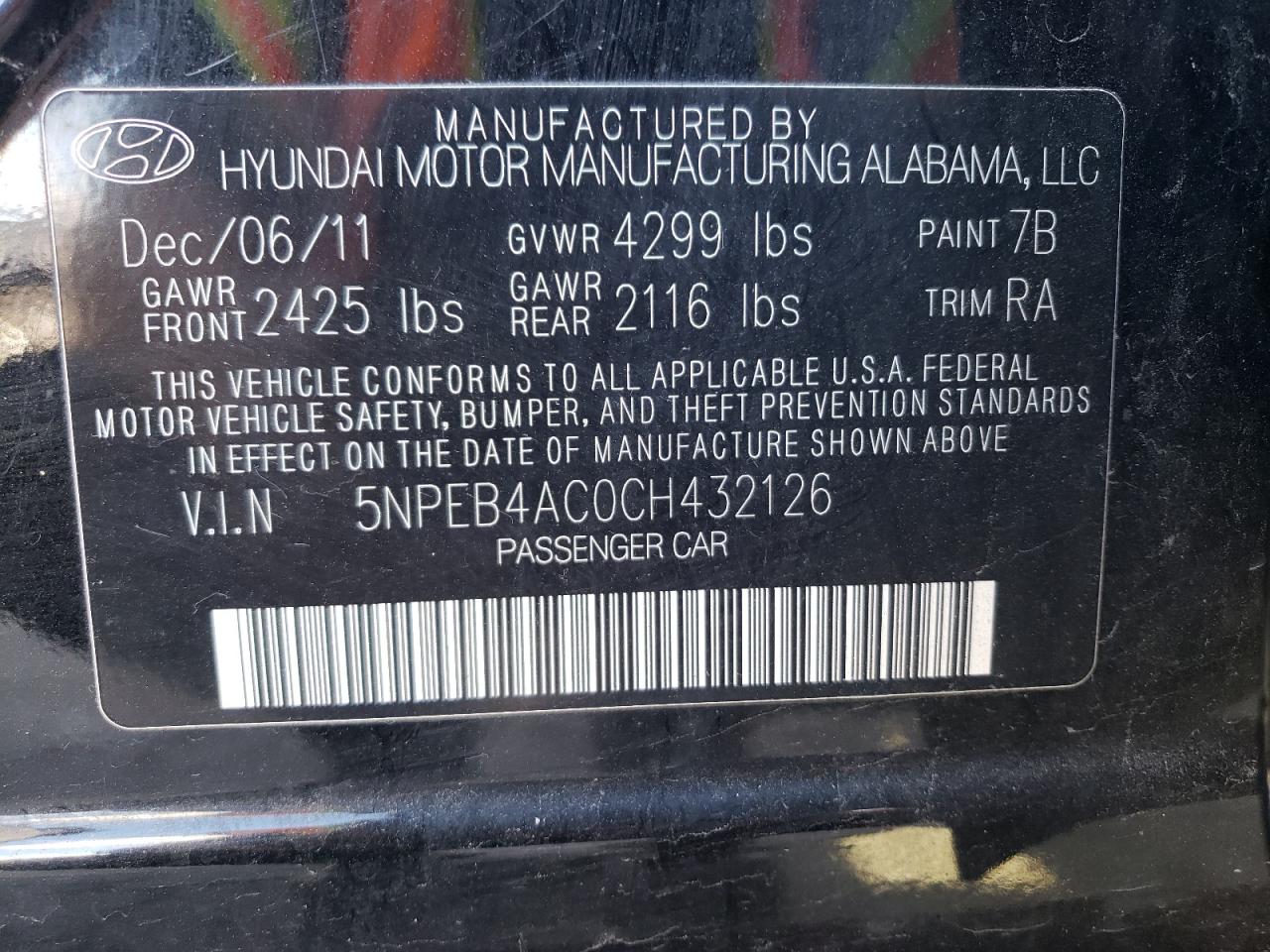 5NPEB4AC0CH432126 2012 Hyundai Sonata Gls