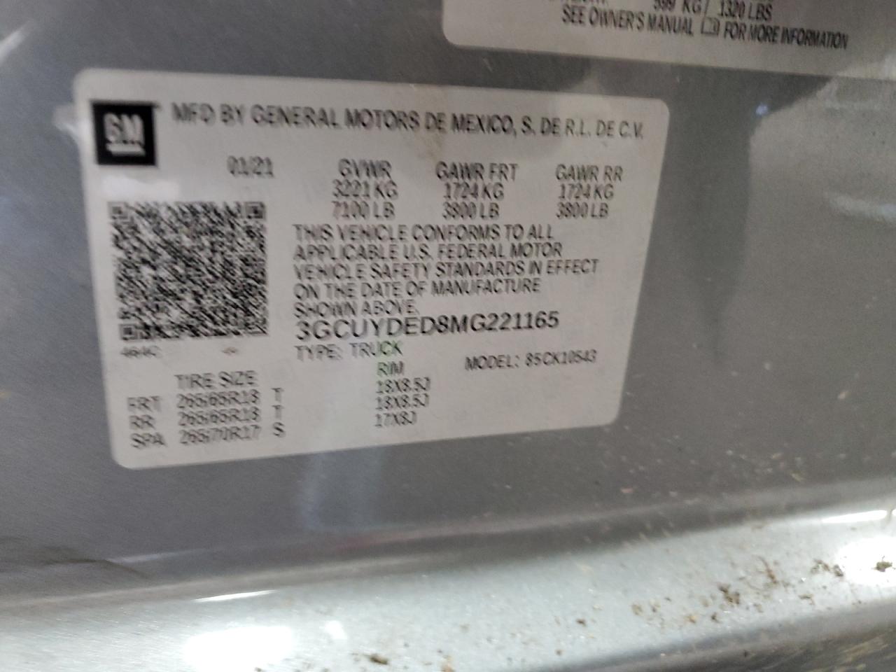 2021 Chevrolet Silverado K1500 Lt VIN: 3GCUYDED8MG221165 Lot: 78594464