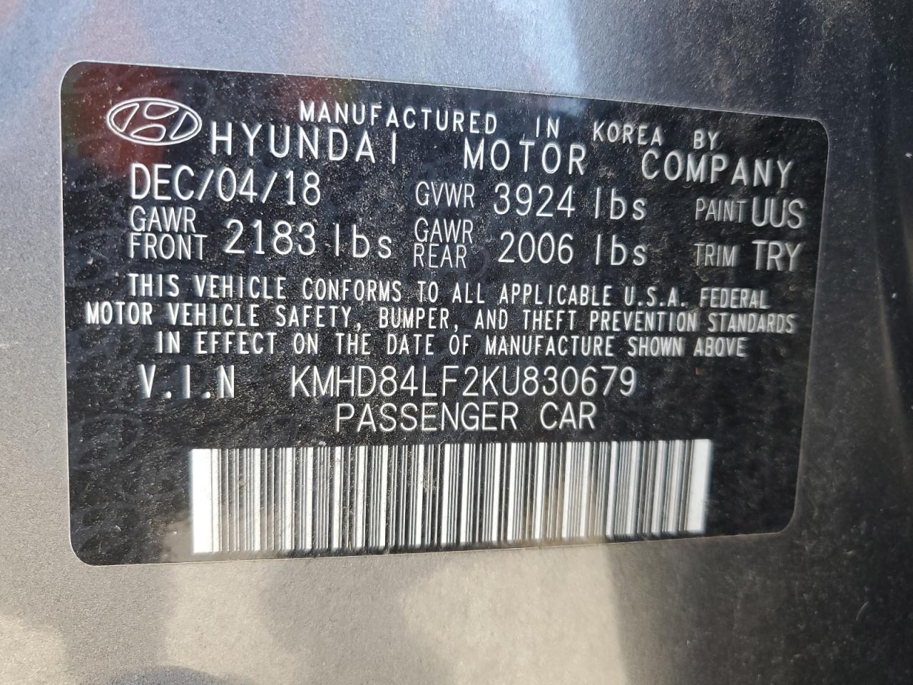 2019 Hyundai Elantra Sel VIN: KMHD84LF2KU830679 Lot: 74213884