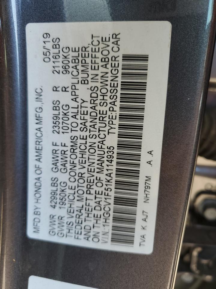 1HGCV1F51KA114935 2019 Honda Accord Exl