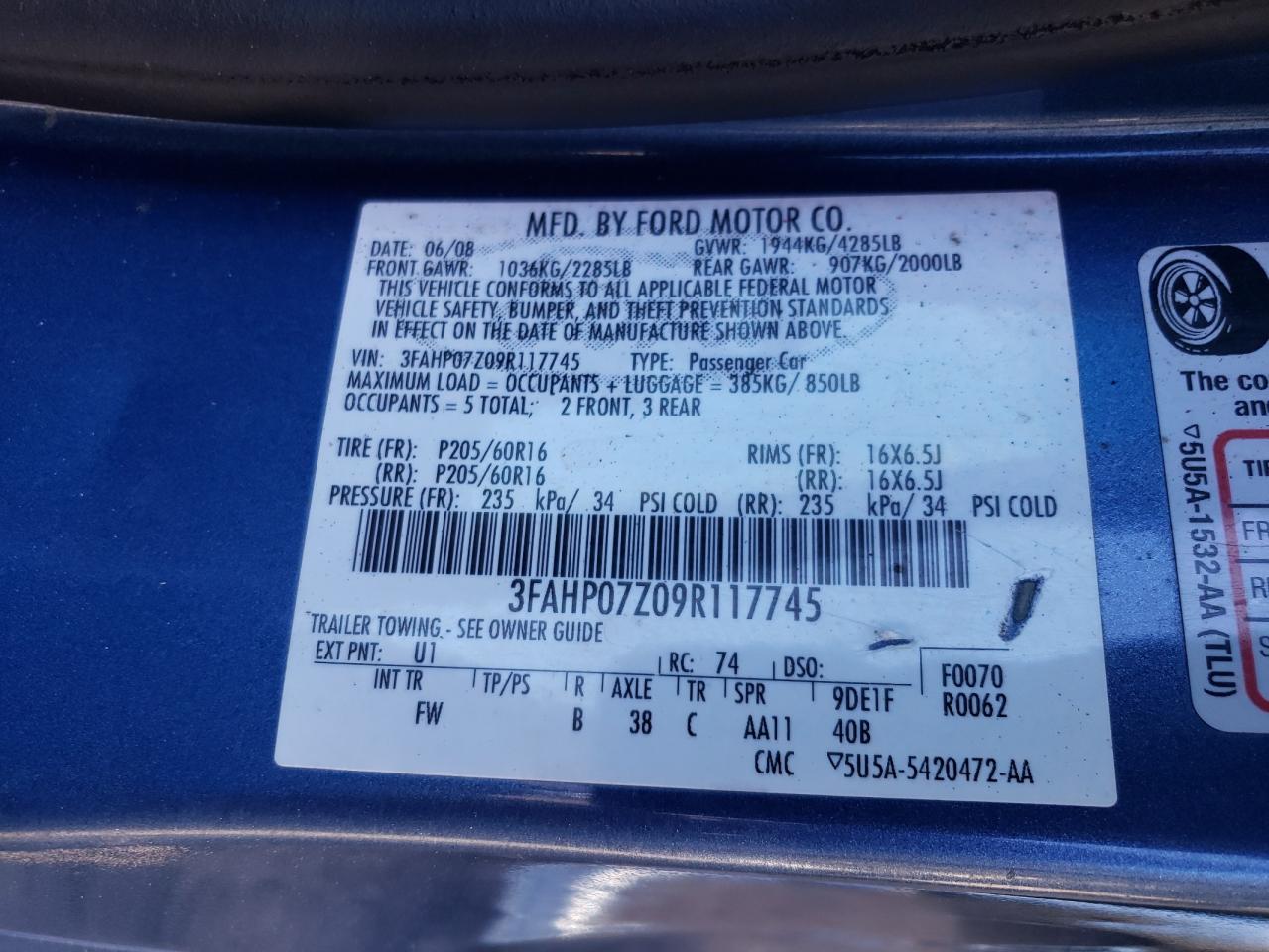 3FAHP07Z09R117745 2009 Ford Fusion Se