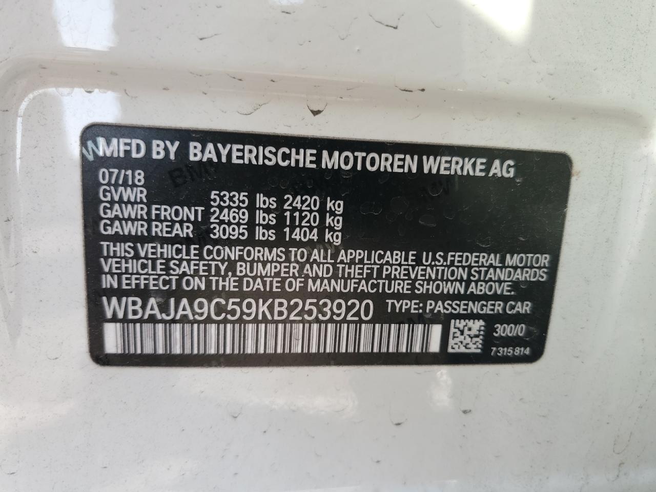 WBAJA9C59KB253920 2019 BMW 530E