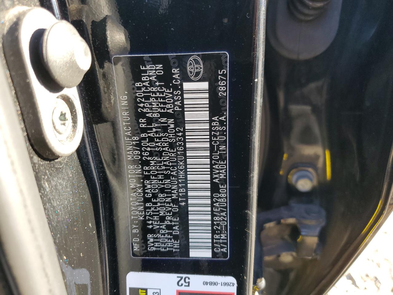 4T1B11HK6KU163342 2019 Toyota Camry L