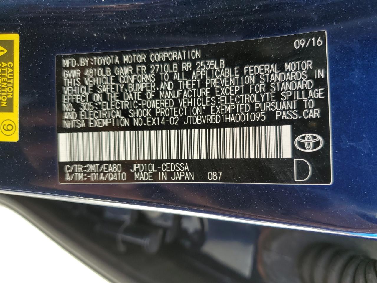 VIN JTDBVRBD1HA001095 2017 TOYOTA MIRAI no.12