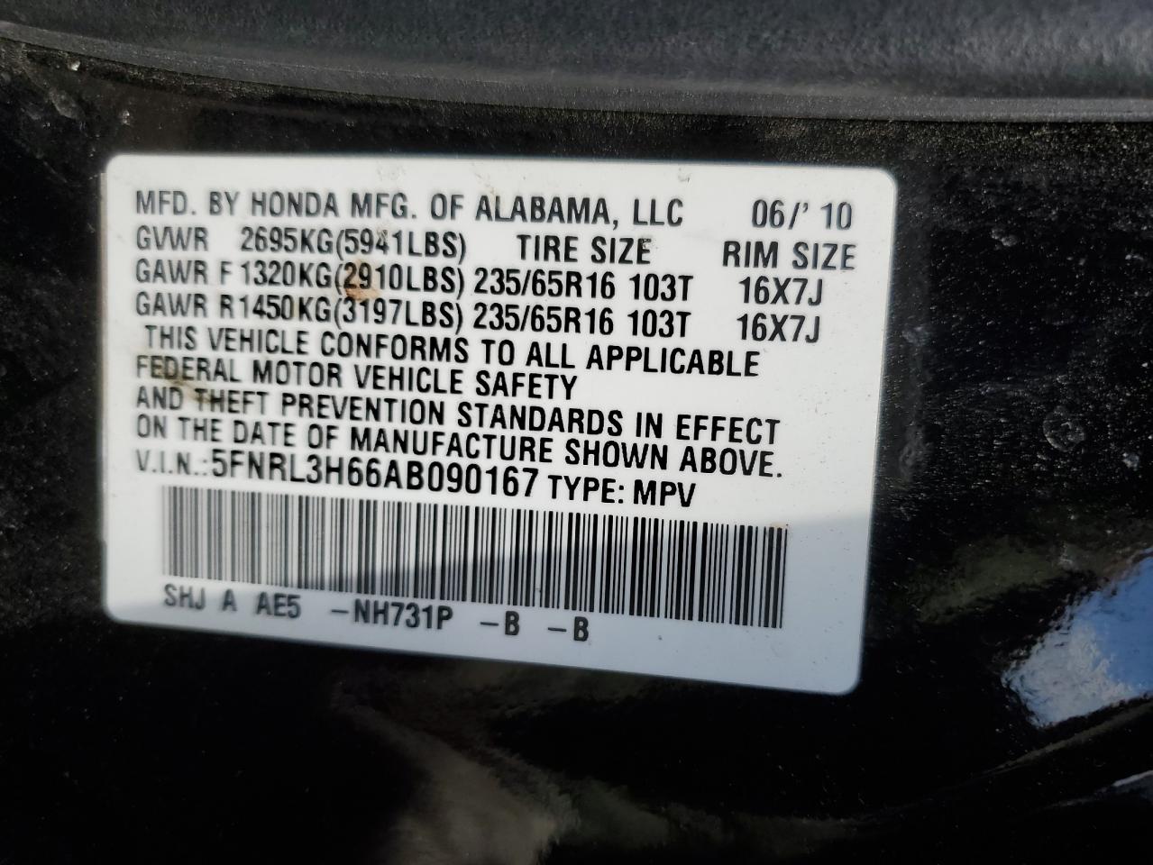 2010 Honda Odyssey Exl VIN: 5FNRL3H66AB090167 Lot: 76465874