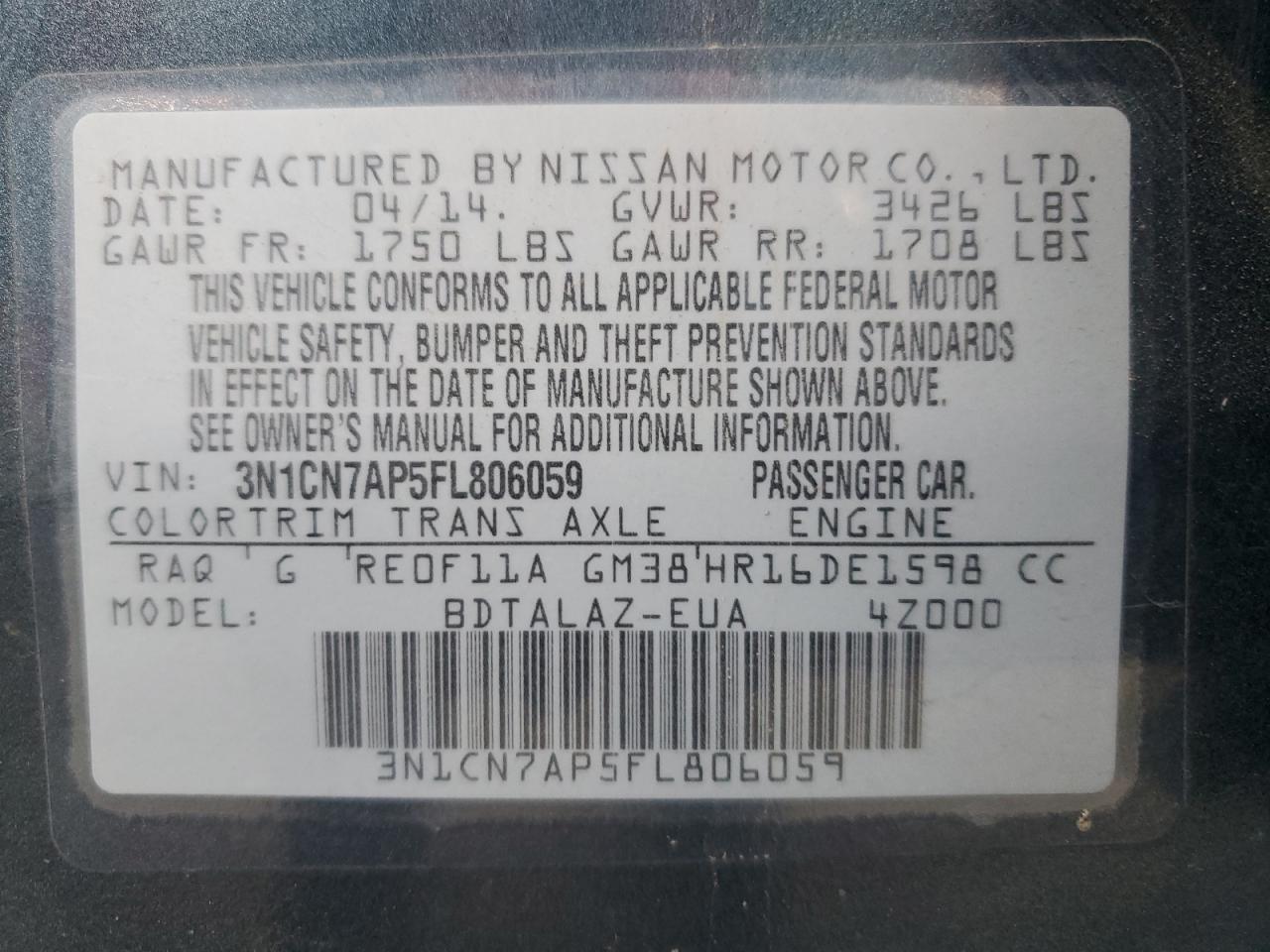 VIN 3N1CN7AP5FL806059 2015 NISSAN VERSA no.13