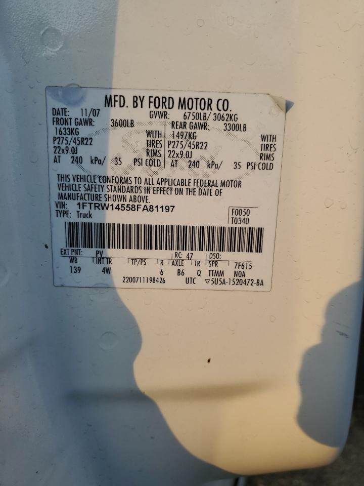 2008 Ford F150 Supercrew VIN: 1FTRW14558FA81197 Lot: 77141884