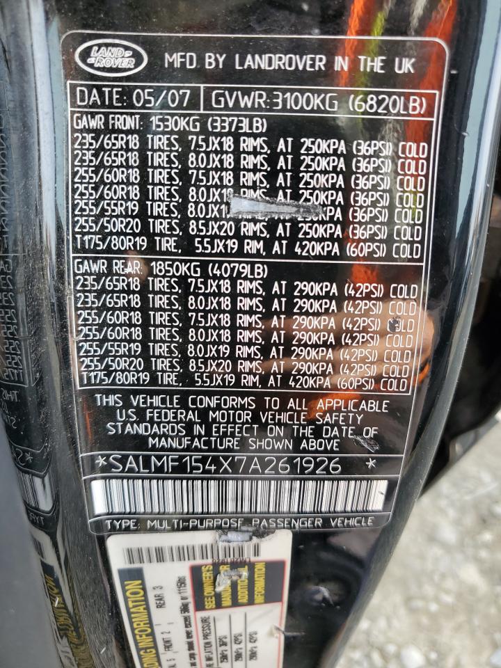 2007 Land Rover Range Rover Hse VIN: SALMF154X7A261926 Lot: 75273384