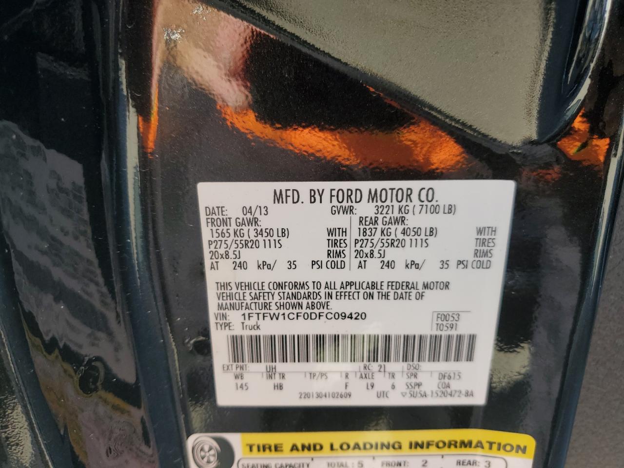 2013 Ford F150 Supercrew VIN: 1FTFW1CF0DFC09420 Lot: 75344404