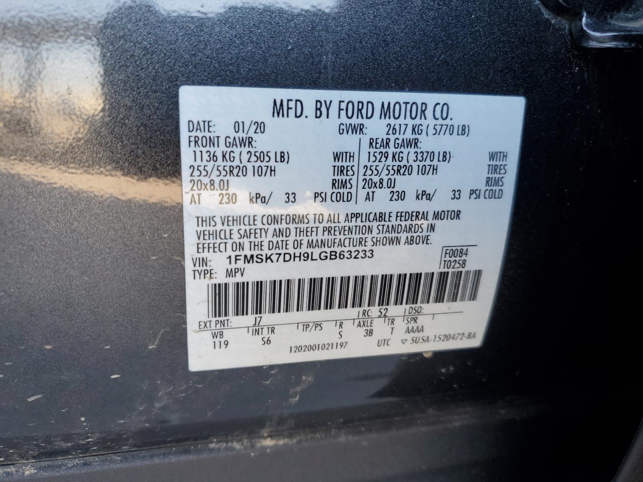 1FMSK7DH9LGB63233 2020 Ford Explorer Xlt