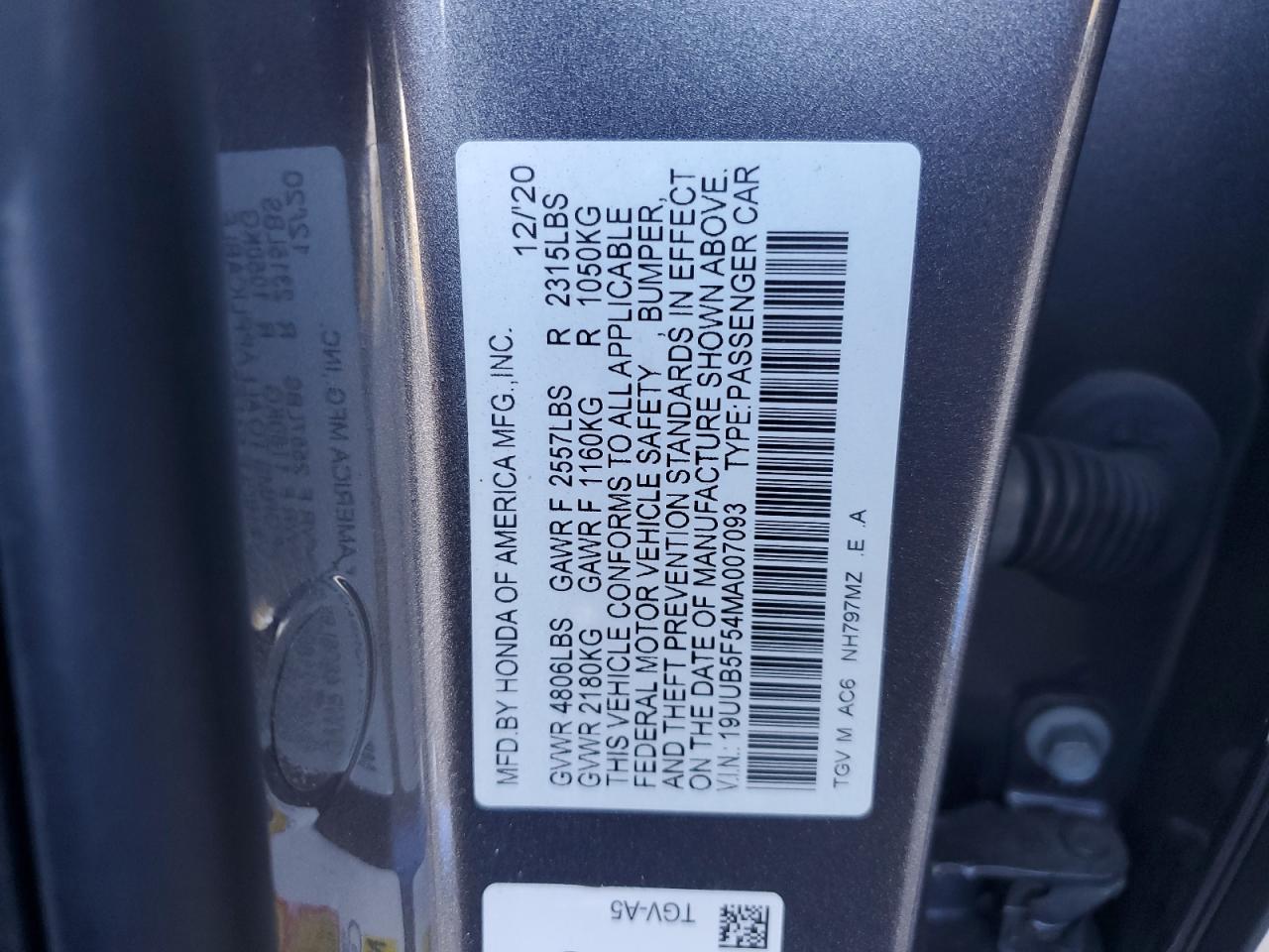 19UUB5F54MA007093 2021 Acura Tlx Tech A