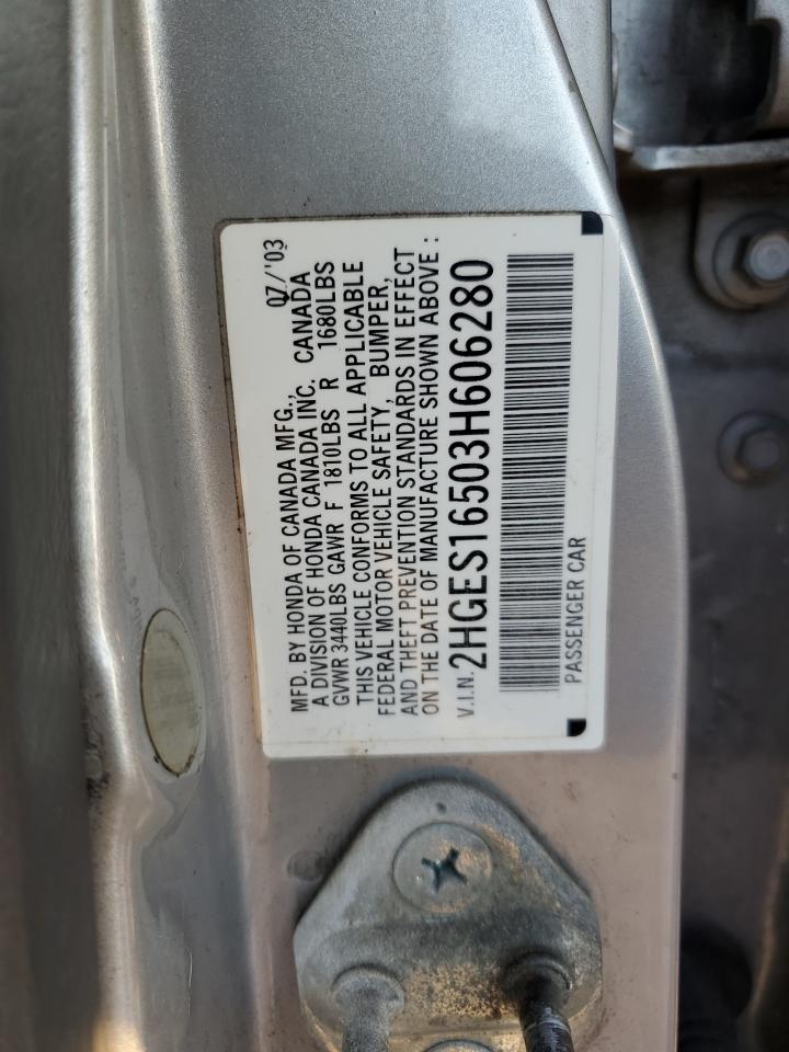2003 Honda Civic Lx VIN: 2HGES16503H606280 Lot: 77865714