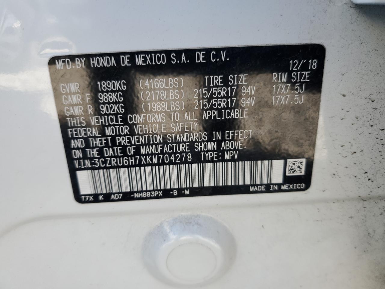 3CZRU6H7XKM704278 2019 Honda Hr-V Exl