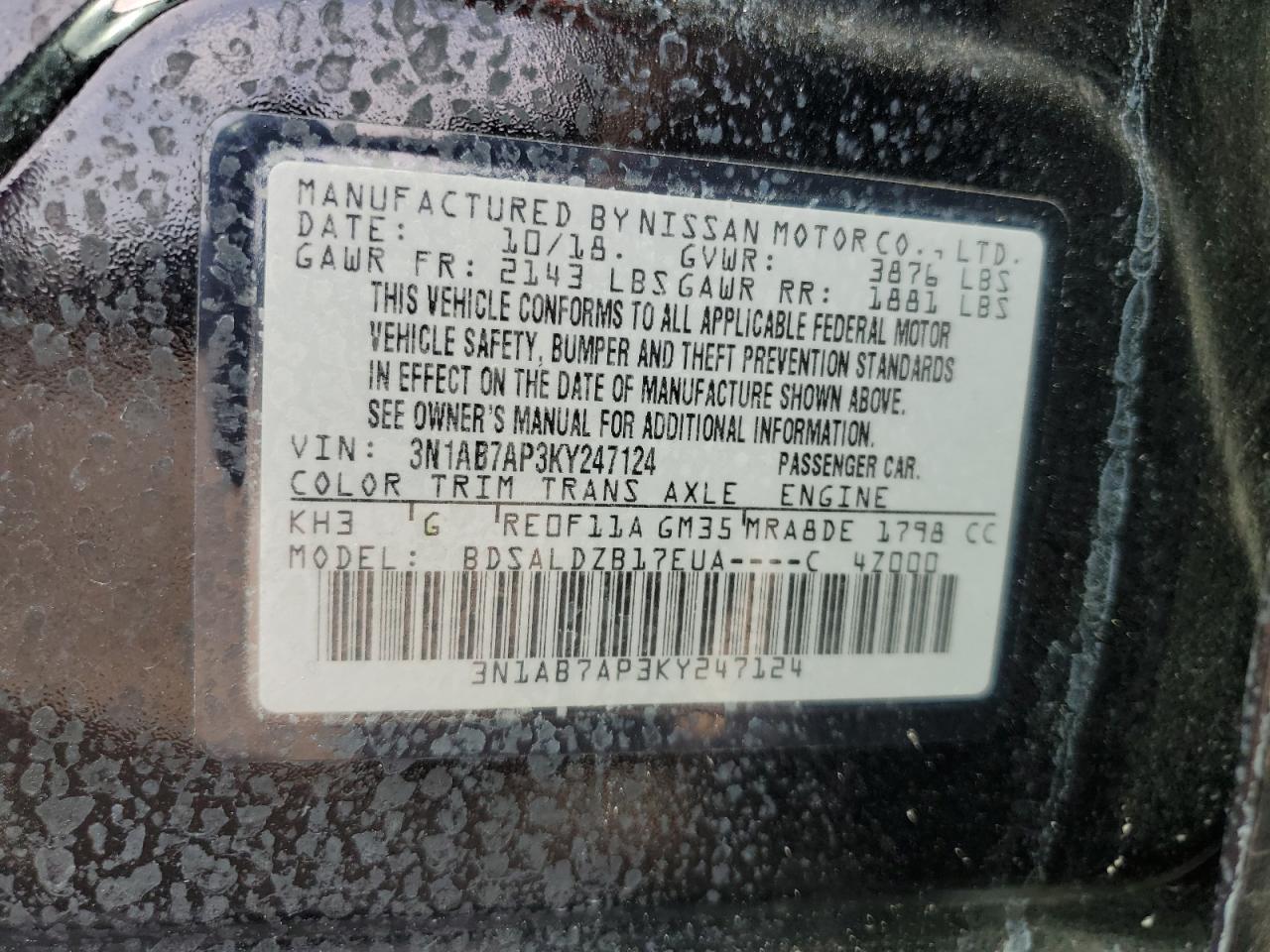 3N1AB7AP3KY247124 2019 Nissan Sentra S