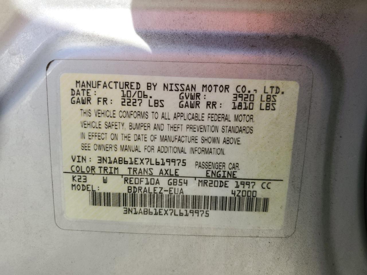 2007 Nissan Sentra 2.0 VIN: 3N1AB61EX7L619975 Lot: 73306864