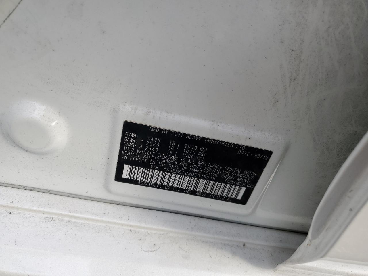 2013 Subaru Legacy 2.5I VIN: 4S3BMCA64D3015218 Lot: 78063194