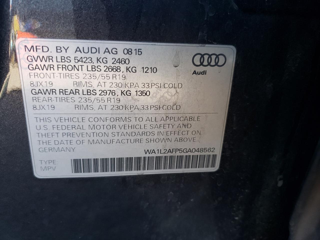 2016 Audi Q5 Premium Plus VIN: WA1L2AFP5GA048562 Lot: 74216834