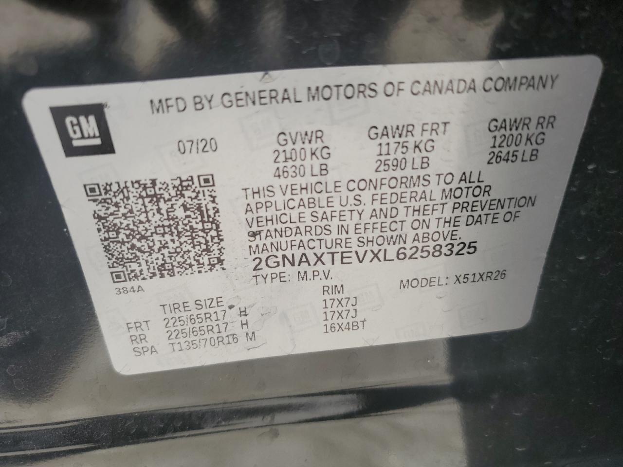 2GNAXTEVXL6258325 2020 Chevrolet Equinox Lt