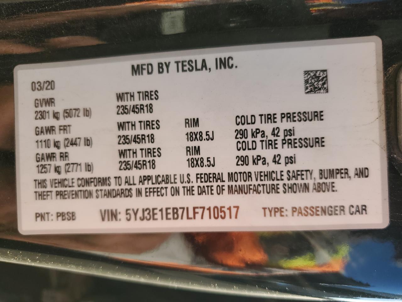 5YJ3E1EB7LF710517 2020 Tesla Model 3