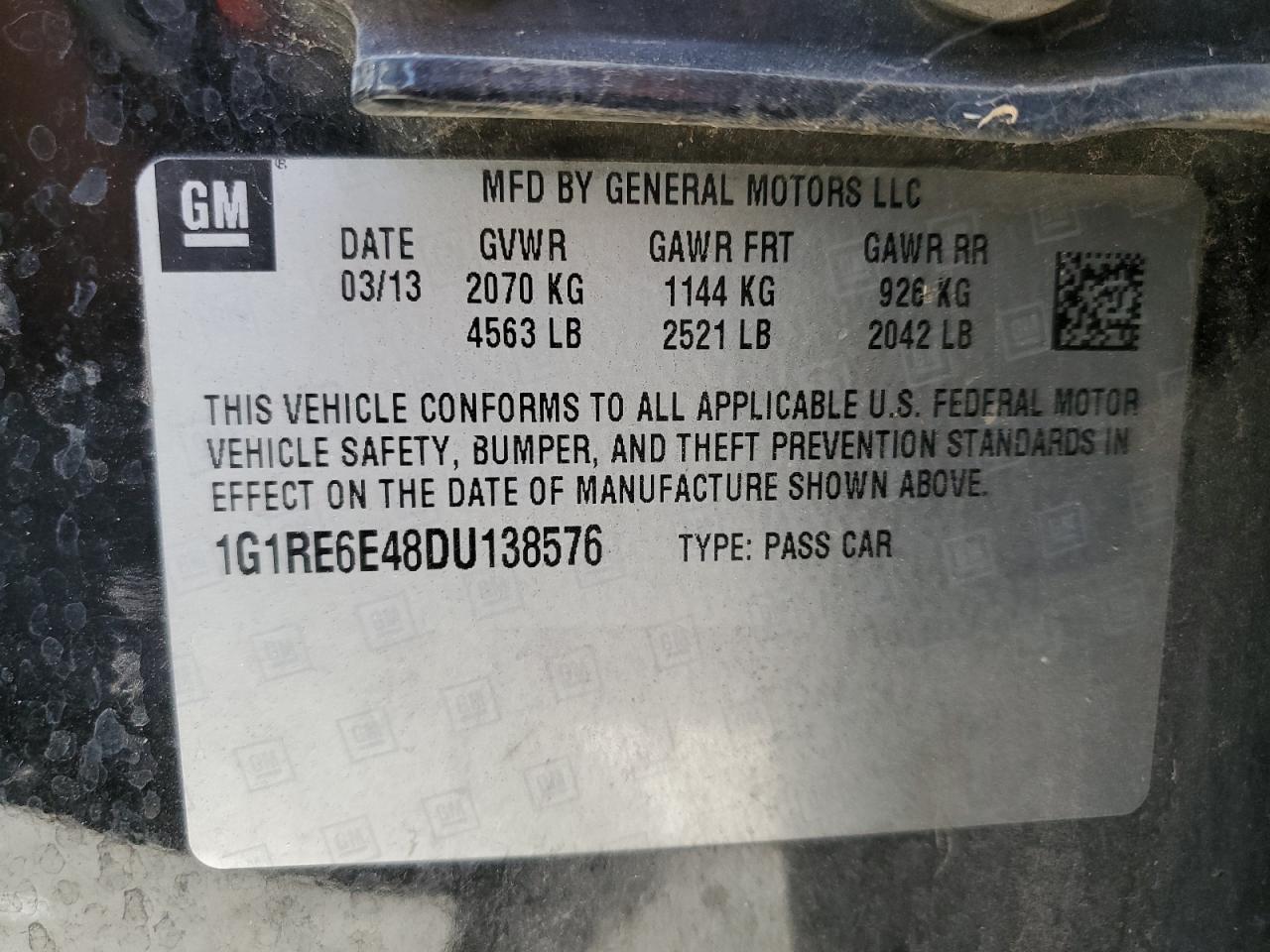 2013 Chevrolet Volt VIN: 1G1RE6E48DU138576 Lot: 78274484