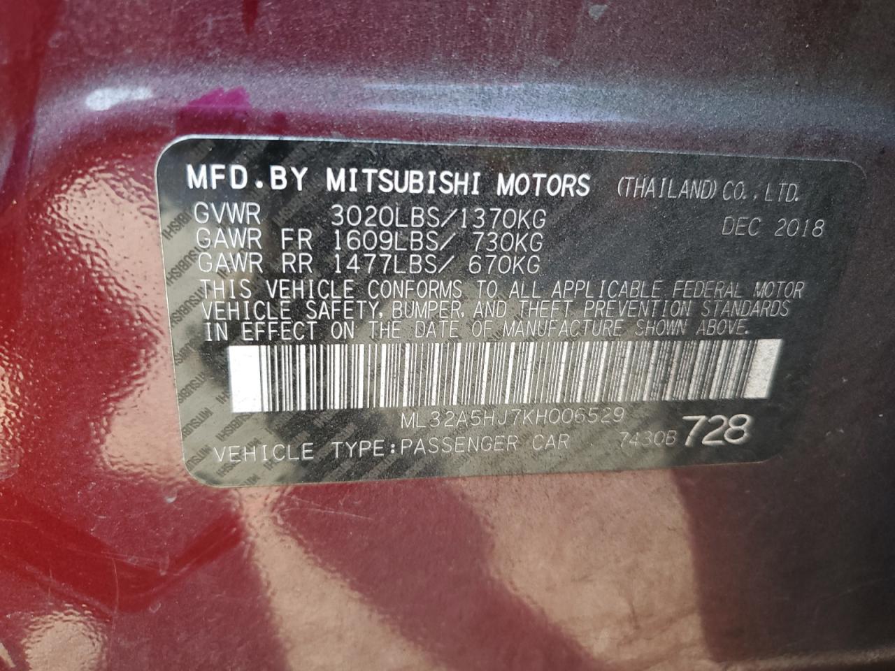 2019 Mitsubishi Mirage Le VIN: ML32A5HJ7KH006529 Lot: 74921564