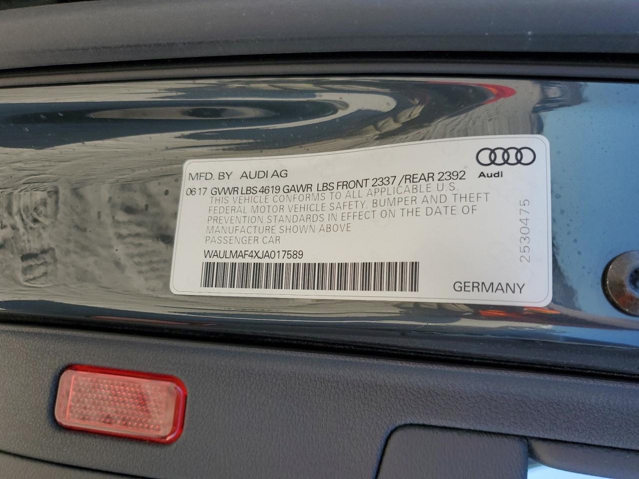 2018 Audi A4 Premium Plus VIN: WAULMAF4XJA017589 Lot: 77991034