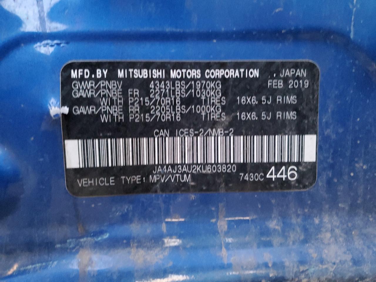 2019 Mitsubishi Rvr Se VIN: JA4AJ3AU2KU603820 Lot: 77120504
