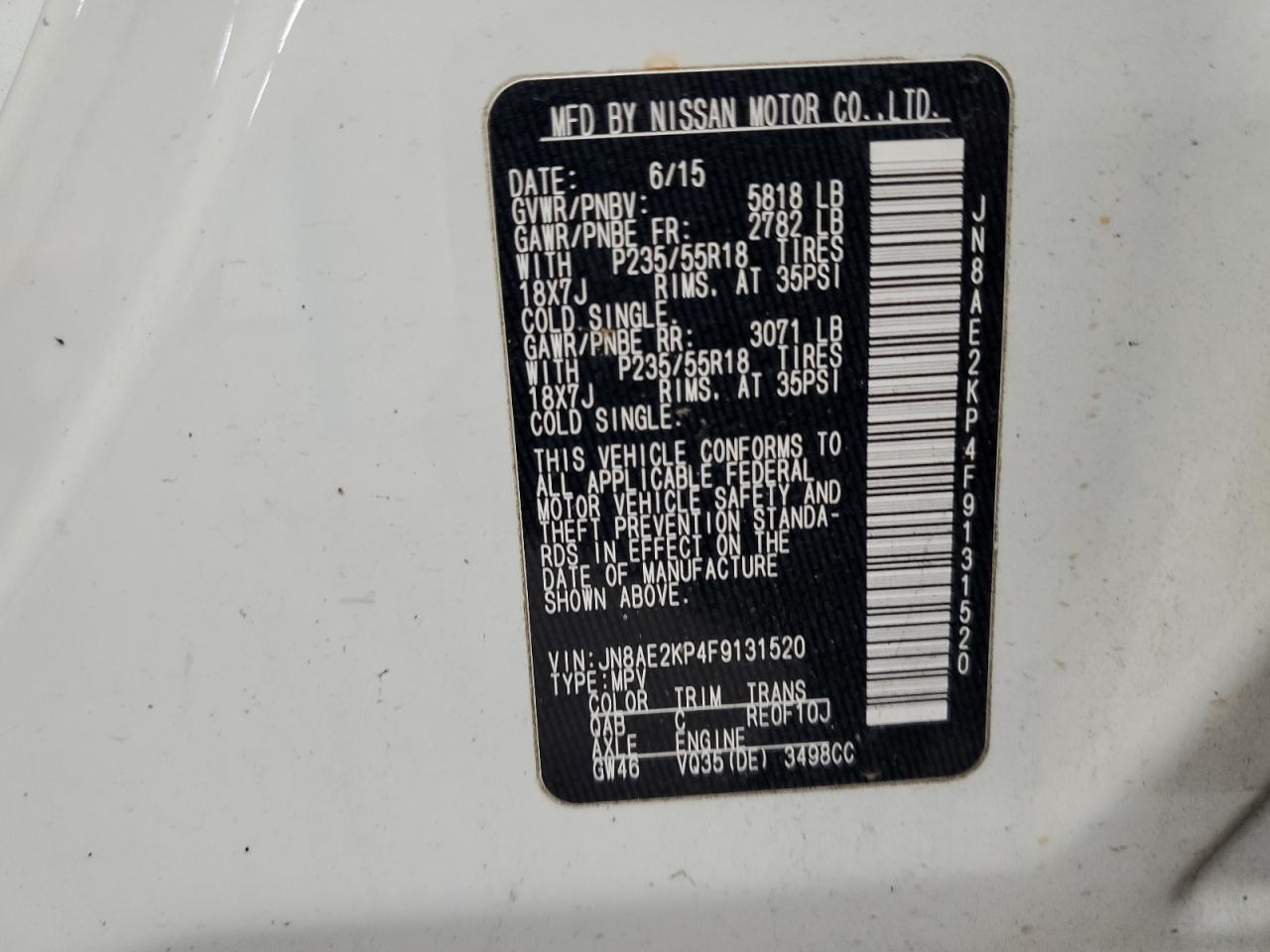 JN8AE2KP4F9131520 2015 Nissan Quest S