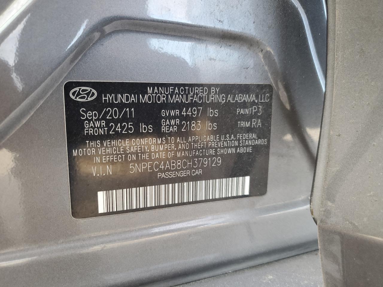 5NPEC4AB8CH379129 2012 Hyundai Sonata Se