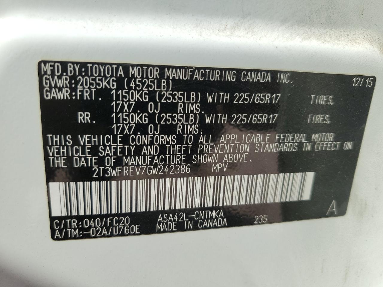 2T3WFREV7GW242386 2016 Toyota Rav4 Xle