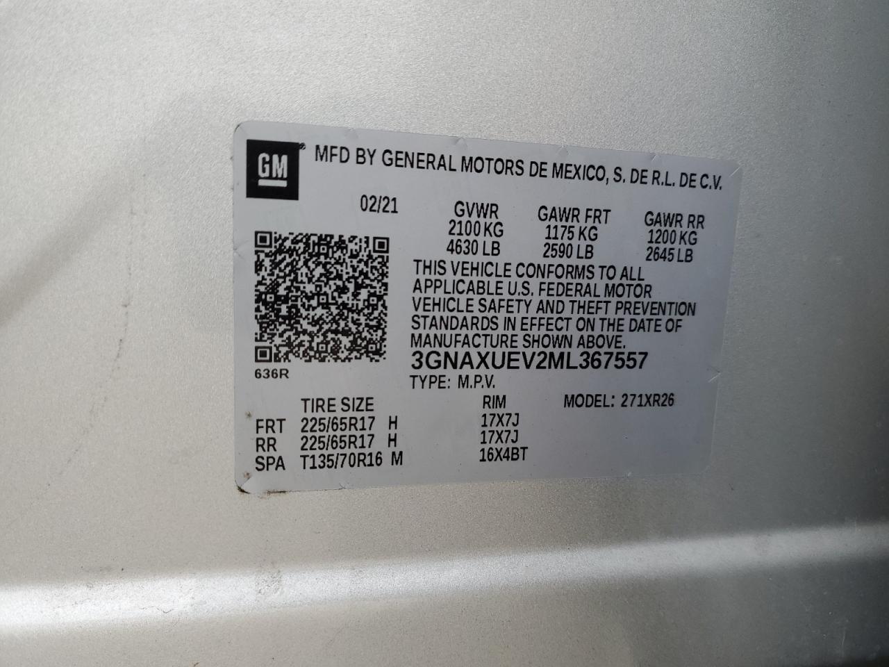 3GNAXUEV2ML367557 2021 Chevrolet Equinox Lt