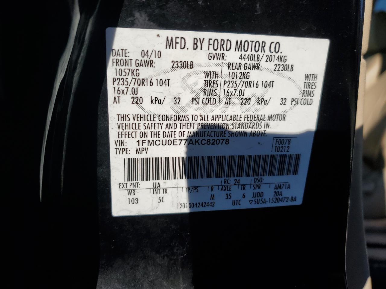 1FMCU0E77AKC82078 2010 Ford Escape Limited