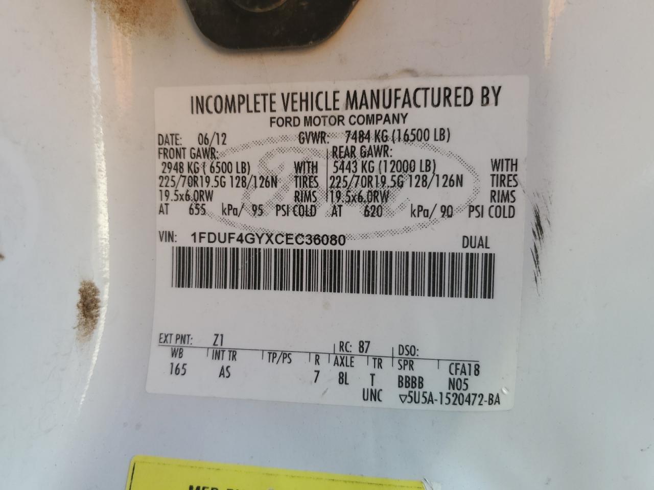 2012 Ford F450 Super Duty VIN: 1FDUF4GYXCEC36080 Lot: 43828455