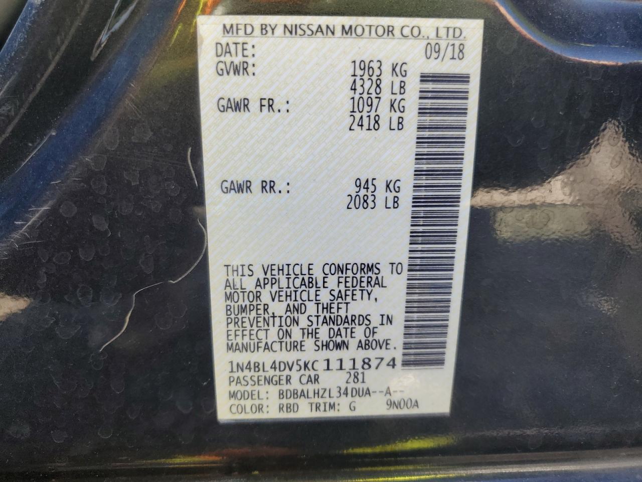 1N4BL4DV5KC111874 2019 Nissan Altima Sv