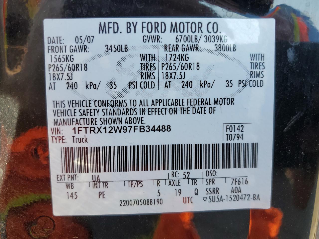 2007 Ford F150 VIN: 1FTRX12W97FB34488 Lot: 73543214