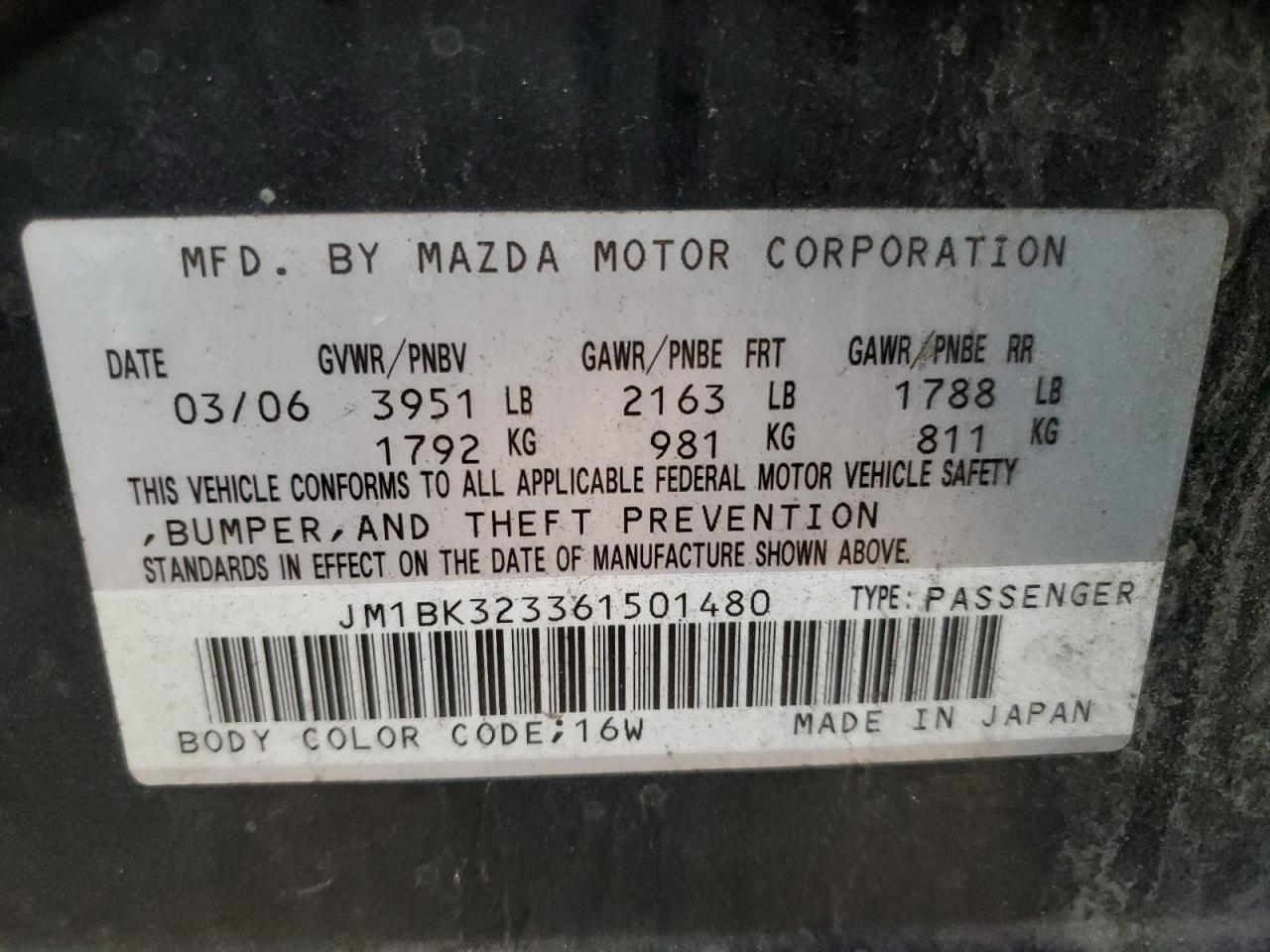 JM1BK323361501480 2006 Mazda 3 S