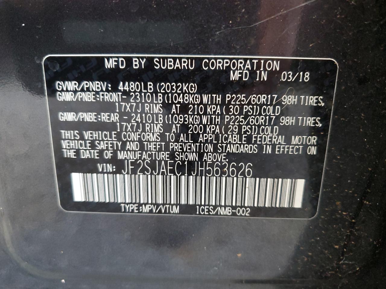 JF2SJAEC1JH563626 2018 Subaru Forester 2.5I Premium